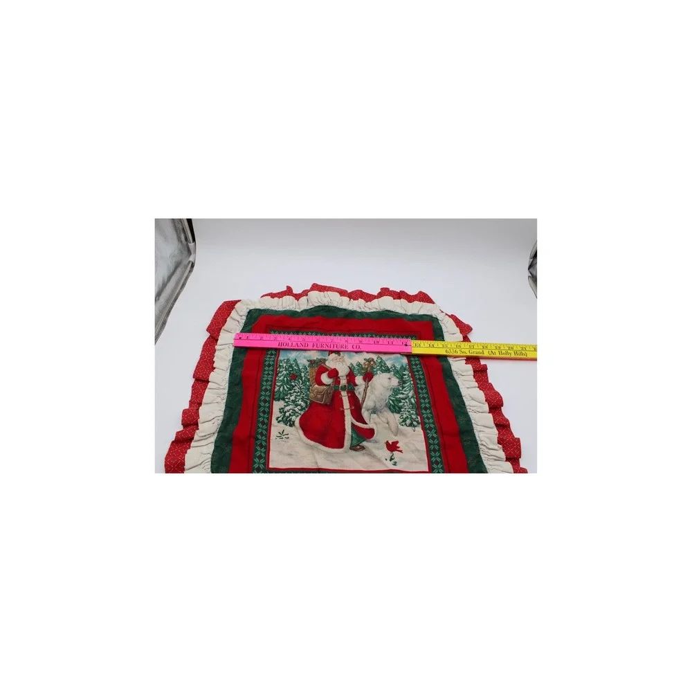 Vintage Christmas Pillow Sham Red Green Santa Claus Polar Bear Ruffle Square